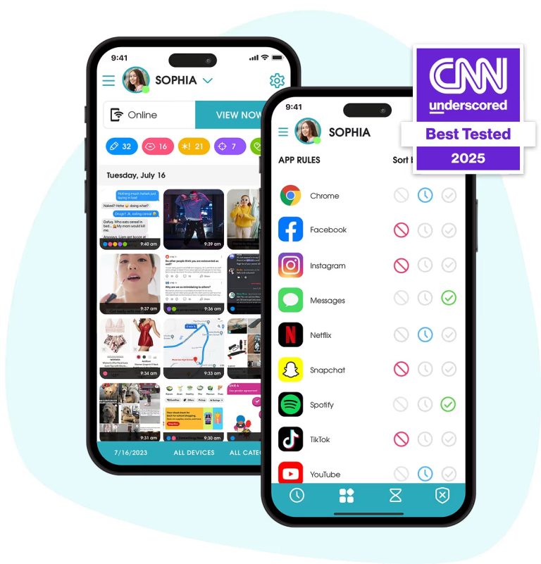 شاشتا هاتف تعرضان واجهة قواعد تطبيقات للتحكم مثل OurPact، مع أيقونات وسائل التواصل وملصق CNN underscored بدرجة بنفسجية.