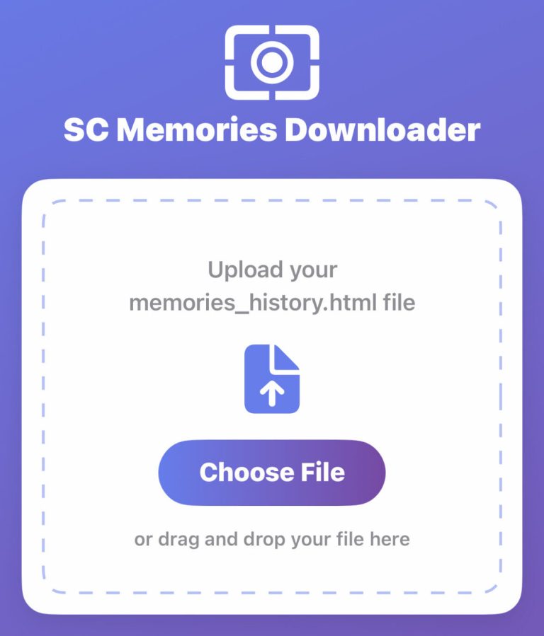 واجهة SC Memories Downloader تطلب رفع ملف memories_history.html مع زر Choose File وخيار السحب والإفلات على خلفية بنفسجية.