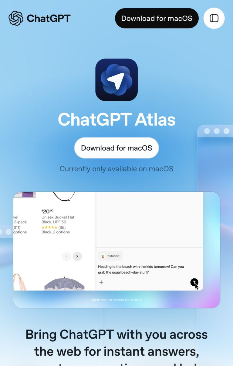 واجهة ChatGPT Atlas بخلفية زرقاء، تظهر عبارة Download for macOS وزر تنزيل، مع أيقونة ChatGPT ودعم macOS في التصميم