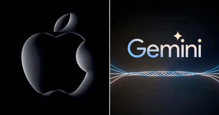 دمج Gemini مع Siri بين شعار Apple بأسود وخلفية أزرق متوهجة، مع تمثيل بصري لواجهة ذكاء اصطناعي متقدمة وإشارة موجية.