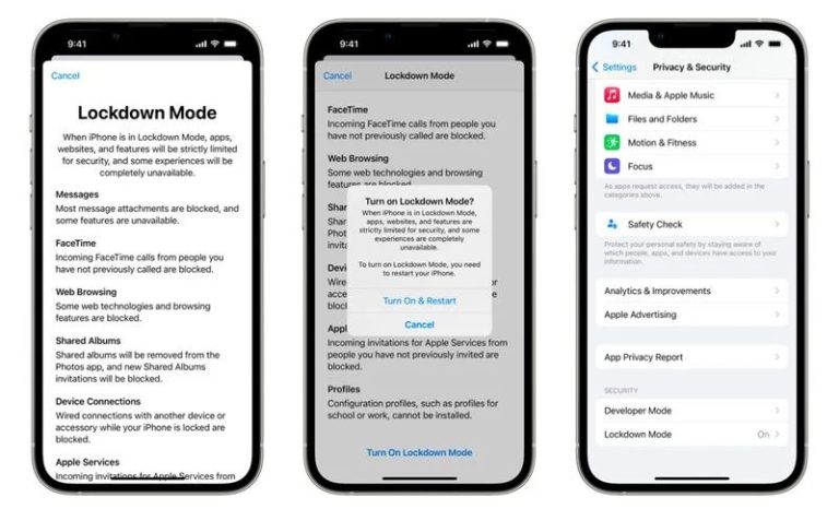 تظهر ثلاث شاشات iPhone واجهة الإعدادات الخاصة بـ Lockdown Mode من Apple مع تفعيل الحماية القصوى ضد التجسس المتقدم وتقليل ميزات الرسائل