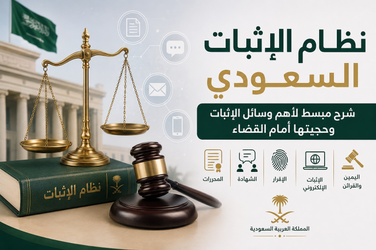 ملصق يضم نص نظام الإثبات السعودي: شرح مبسط لأهم وسائل الإثبات وحجيتها أمام القضاء مع رمز ميزان ذهبي وأيقونات أدلة.